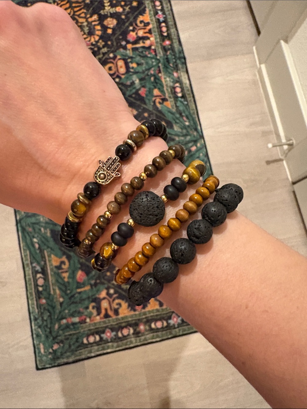 5-Piece Stack Tiger Eye and Lava Stone Beaded Bracelet Set - Brown/Black
